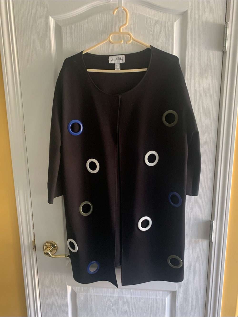 Joseph Ribkoff Black Open-Front Cardigan with Blue, White and Olive Ring Accents